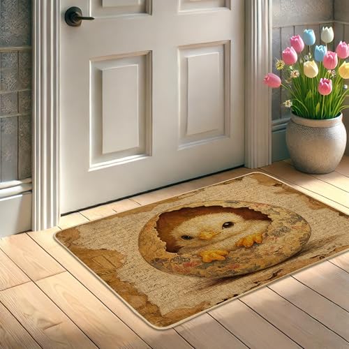 Cute Chick Hatching Doormat, Light Brown Chick Design for Spring & Easter Outdoor & Indoor Entrance Decor, Rubber Waterproof Non-Slip Dust Absorbent Front Mat, Easy to Clean 29x17 Inch