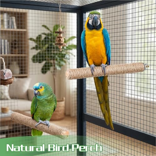 2 PCS Bird Toys for Parakeets Bird Perches Natural Bird-Perches with Rope Wood Parrot Perch Stand Rope Perches for Bird-Cages Accessories for Parakeet Cockatiel Budgie Conures Lovebirds