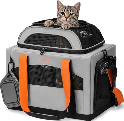 Pecute Cat Carrier,Top Expandable Dog Crate for Travel, Grey | 5mm Anti-Collapse Steel Frame, Soft Mesh, Vet Visits, Foldable Travel Crate,Outdoor Hammock, Leakproof Pee Pad & Bowl - color: Grey