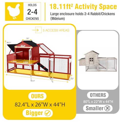 Aivituvin Mobile Chicken Coop with Wheels for 4-6 Chickens, Backyard Expandable Chicken House Duck Cage with Run, 2 Nesting Boxes, Easy Clean Pull-Out Tray, Leak-Resistant Asphalt Roof, 82.4"(Red) - color: Red, size: 82.4"L x 26.0"W x 44.0"H