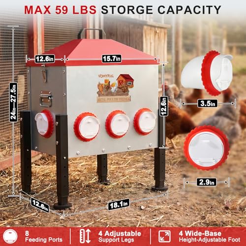 Automatic Chicken Feeder, 55LB Large Metal Poultry Feeder with 8 Ports | No Waste Metal Rat Proof Design With View Window And Adjustable Legs For Chickens, Ducks & Geese. Ideal Chicken Coop Feeder - size: 8 Ports - Max 55 lb