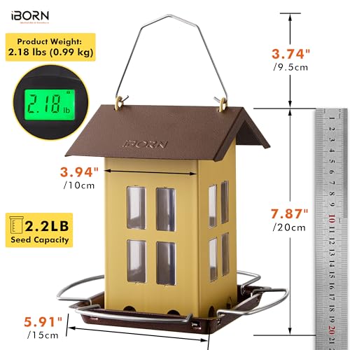 iBorn Bird Feeder House, Metal Bird Feeders for Outdoors Hanging,Double-Sided Metal Hanger & Weatherproof, Easy to Clean & Refill, 2.2 Lbs Capacity, Muted Yellow - color: Muted Yellow