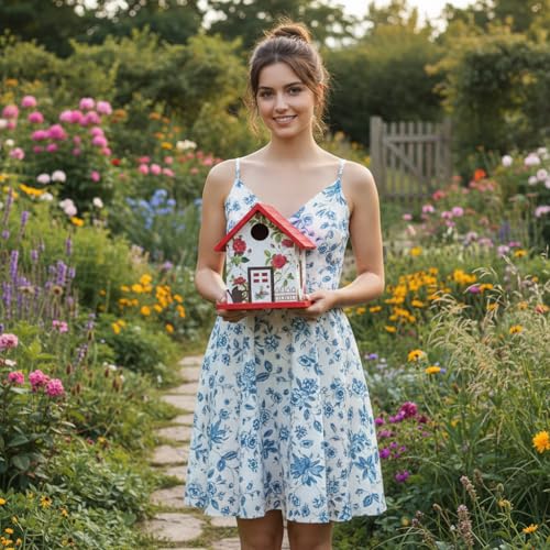 Spring Melody Bird House, Composite Material Nesting Box, Hanging Birdhouse for Blue Bird, Squirrel Proof Birdhouse for Outside, 10 Years Water Proof Weatherable Pole Mountable Bird House (Red) - color: Red Garden Cottage