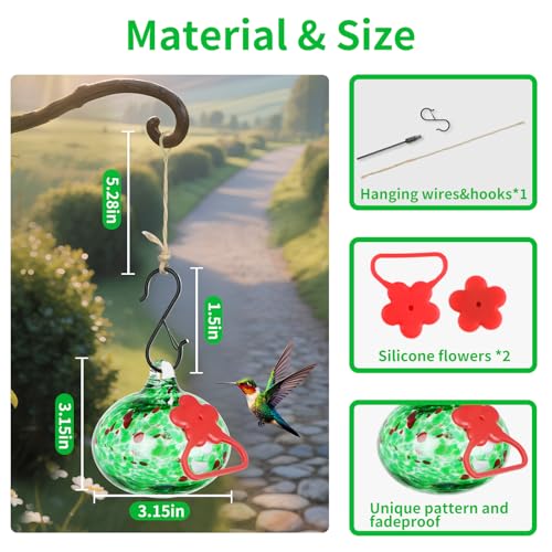 Pozfun Small Hummingbird Feeders for Outdoors Hanging,Hand-Blown Glass Hummingbird Feeder with Silicone Feeding Perch,Never Leak,Gardening Gifts for Woman Man(Green) - color: Dotted Green