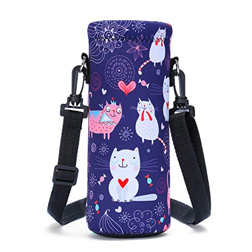 AMARY 500ML Neoprene Water Bottle Carrier Bag with Adjustable Shoulder Strap,Insulated Water Bottle Cover for Stainless Steel/Glass/Plastic Bottles 16.9OZ (cat) - color: Cat