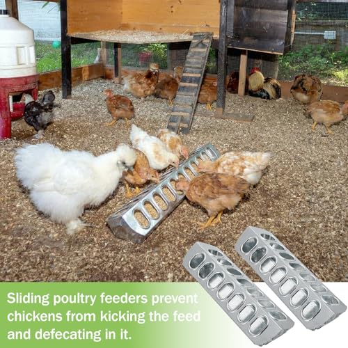 Potchen 2 Pcs Slide-top Poultry Feeder Durable Galvanized Metal Chicken Feeder Trough with Removable Top Trough Multi-Hole Tray for Pigeon Quails Duckling Birds Duck Chicken(12 Inch) - size: 12 Inch