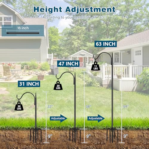 Gtongoko 63 Inch Shepherds Hooks for Outdoor with 5 Prongs Base, Adjustable Bird Feeder Pole Garden Hooks for Hanging Lanterns, Plants Baskets, Hummingbird Feeders, 1 Pack - size: 63 Inch without Baffle