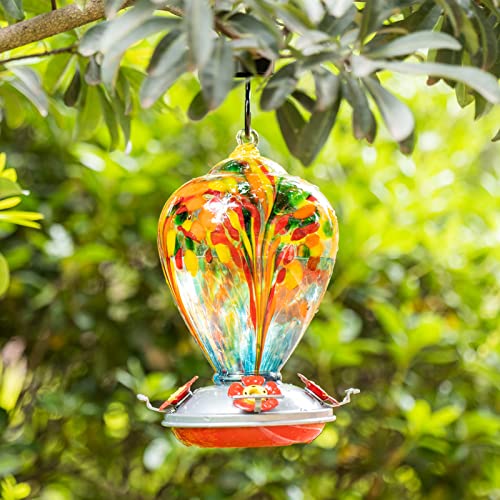 Hummingbird Feeder, 34OZ Hand Blown Glass Hummingbird Feeders for Outdoors Hanging, 4 Feeding Perch with Ant Moat Leakproof, Garden Yard Decor Gifts for Women Mom (Holiday Balloon) | Decorative Self Hanging Nectar Bird Feeder for Hummingbirds, Garden Pati