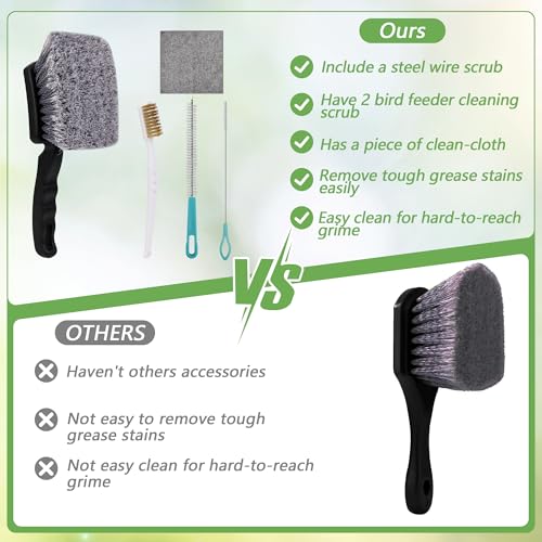 5P Bird Bath Brush Kit, Hard Silk Bristle Bird Bath Cleaner Brush | 1P Hard Silk Bristle Bird Bath Brush, 2P Hummingbird Feeder Scrub, 1P Steel Wire Scrub, 1P Clean-cloth For Bird Bath Cleaner