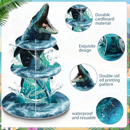 3 Tier Dinosaur Party Decorations Mosasaurus Dinosaur Cupcake Stand Decoration Mosasaurus Theme Cupcake Tower Cake Holder Table Display for Jungle Ocean Themed Birthday Party Supplies - style: Mosasaurus