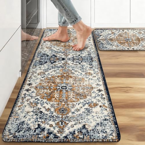Boho Kitchen Mats, 2PCs, 17.3"x47"+17.3"x29", Dark Blue & Orange | Country Rustic Farmhouse Kitchen Rugs Decor Anti Fatigue, Non Slip Comfort Washable Waterproof, for Home, Sink, Laundry - color: Dark Blue