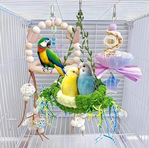 Bird Nest for Cage Bird Breeding Bed Cockatiel Snuggle Nest Parakeet Swing Bed Bird Hanging Hammock Parrot Sleeping Hut for Conure, Budgie, Lovebird, Finch, Small Pets-Green, Large Size - color: Green with Decoration
