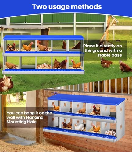 10 Compartment Chicken Nesting Box, Heavy Duty Metal Laying Box with Perch, Easy Assembly & Easy Clean for Outdoor Chicken Coop, Blue - color: Blue, size: 10 Compartment