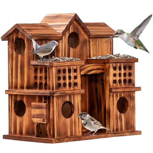 MIXUMON 8-Room Wooden Bird House with 2 Front Feeders – Large Outdoor Birdhouse for Multiple Birds, 1.57” Entrance Holes, Easy Access Cleaning Doors, Rustic Burnt Wood Design for Garden, Yard & Patio