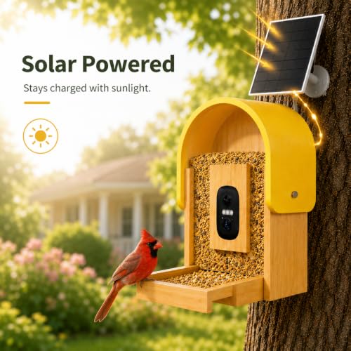 Smart Bird Feeder Camera, 2K HD Solar Powered, AI Bird ID, 2.4GHz WiFi | Solar smart bird feeder with 2K camera, AI bird recognition, app alerts, 2.7L capacity and natural bamboo design.