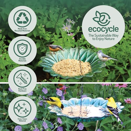 11" Recycled Glass Hanging Combination Bird Feeder and Bath for Wild Birds and Outdoor Décor, 0.625 Quart Capacity, Turquoise Dahlia Floral Design, Hanging Chains Included
