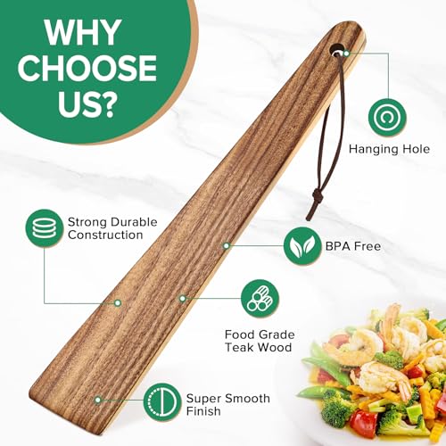 Wooden Spatula for Cooking, Teak Wood Turner & Flipper,2 Pcs,12″ | Versatile, Flat Stick Scraper Spurtle Set, Flipping, Scrambling, Turning Egg, Pancakes, Cast Iron Skillets,Non-Stick Cookware