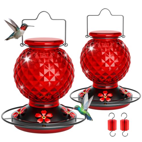 Glass Hummingbird feeders for Outdoors, 5 Feeding Ports Hummingbird Feeder, Wide Mouth for Easy Filling/Cleaning, Hanging for Garden Backyard Decor, Includes Ant Moat (Red 2 Pack) - size: PACK 2