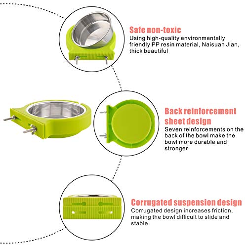 Crate Dog Bowl Removable Stainless Steel Water Food Bowls Cage Coop Cup for Cat Puppy Bird Pets (Large, Green with Corrugated Clip) - color: Green with Corrugated Clip, size: Large