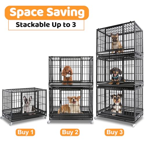 Homey Pet 37 Inch Three Tiers Stackable Dog Crates for Medium Dogs | Indestructible Heavy Duty Dog Crate Cage with Lockable Wheels, Removable Tray, Opent Top, Escape Proof Locks, Bowls - size: 37"L - 3 Tiers
