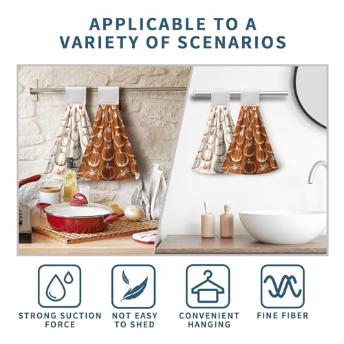 2 Pcs Fall Pumpkin Hanging Kitchen Towels Autumn Thanksgiving Hand Towels with Hanging Loop Burnt Orange White Pumpkins Dish Towels Soft Absorbent Bath Tie Towel for Bathroom Decor - color: Fall Pumpkin-a-a