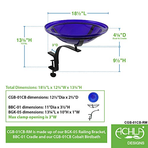 Achla Designs CGB-01CB-RM 12 Inch Cobalt Blue Crackle Rail Mount Bracket Birdbath - color: Cobalt Blue
