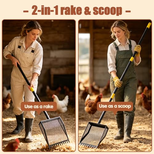 Chicken Poop Scooper & Rake, 42-84" Adjustable Chicken Scooper for Poop, Metal Sand Sifting Litter Shovel for Chicken & Goat Coop, Black