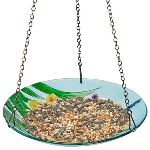 Alpine Corporation KBD158 Outdoor Hanging Glass Bird Feeder and Birdbath, Floral and Dragonfly Design with Chain, 10" W, Yellow - style: Floral and Dragonfly
