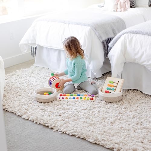NaturalCozy 5-Piece Round Woven Cotton Rope Storage Baskets for Organizing, Small Shallow Nesting Set for Montessori Toys, Entryway Catchall, Fruit Bowl, Key Tray, Remote Holder, Nursery & Pet Toys - color: Off White & Mixed Brown