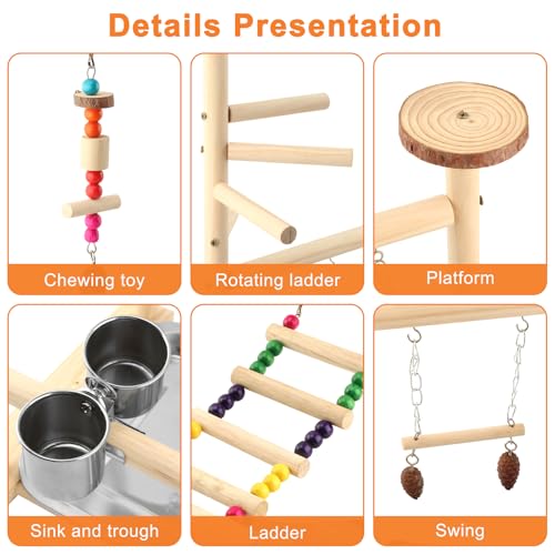 Bird Playground, Natural Pine Wood Parrot Stand with Swing, Climbing Ladder, Chew Toy and Perches, Bird Play Stand for Parakeets, Budgies, Cockatiels and Small Birds