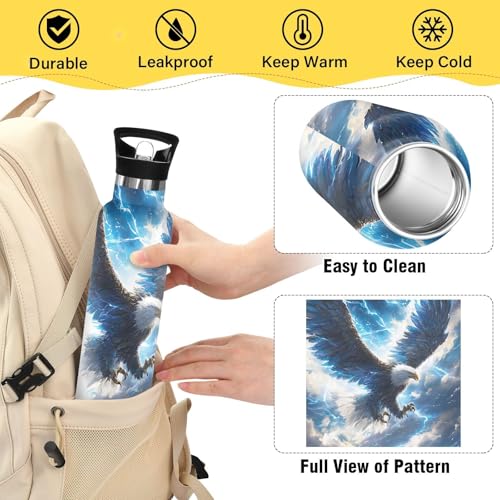 Eagle Water Bottles for Boys Eagled Leakproof Insulated Flask Jug Insulated Stainless Steel Travel Mugs Thermos Bottle Cups with Straw Lid for Sport 600ml - color: white bird soaring sky
