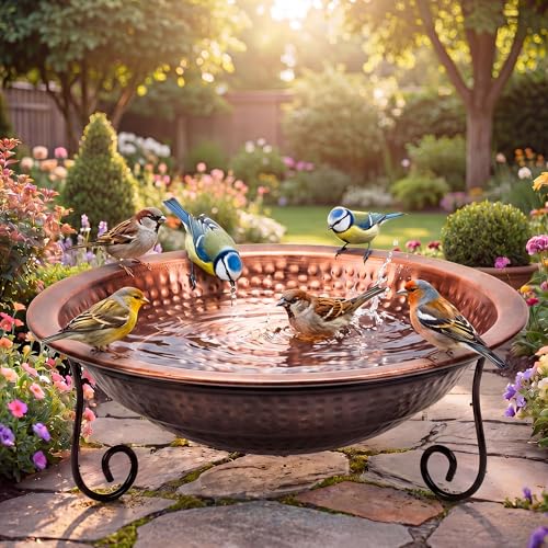 12.8" Hammered Copper Bird Bath Bowl with Stand, Large Birdbath Bowl Replacement, Decorative Birdbath Water Bowls for Garden Patio Deck, Wide Perching Rim Outdoor Ground Bird Bath Dish
