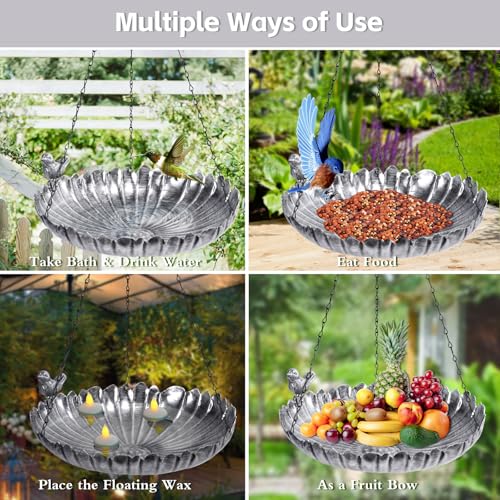 Hanging Bird Bath Outdoors Metal Bird Baths Feeder for Garden Decor | 11.6 Inch Hanging Bird Baths Flower Shape Silver Birdbath Bird Feeder Bowl for Outside, Garden, Lawn Yard Decor