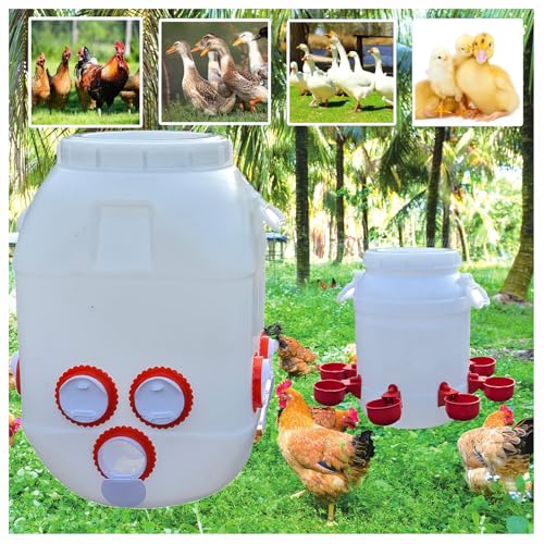 Rainproof Chicken Feeder and Chicken Waterer Set (13 Gallon/60 Pounds) Automatic Chicken Feeder Poultry Feeder Bucket with 10 Ports Chicken Waterer (2.6 Gallon/10L) with 8 Water Cups