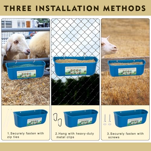 10 Pack Fence Feed Feeder 4.5 Quart Hanging Chicken Feeder Trough with Brush & Scoop Blue Goat Hanging Fence Feeders Feeder with Hooks Screws & Zip Tie for Livestock Feeding Container Goats Supplies - color: Blue, size: 10 Pack