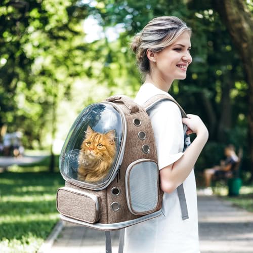 Cat Backpack Carrier with Large Space Bubble Window, Airline Approved Breathable Pet Carrier for Small Dogs Cats up to 15lbs, Foldable for Travel Hiking & Outdoor Use - color: Brown