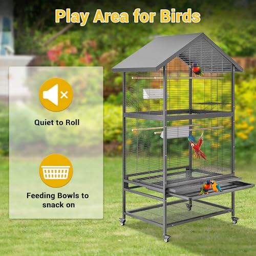 65.7 Inch Wrought Steel Bird Cage with Pull-Out Tray/Lock,Large Flight Cage with Feeding Bowl/Stand/360° Swivel Casters for Cockatiels, Greys, Parakeets, Budgies, Conures, Pigeons, Canaries, Lovebirds