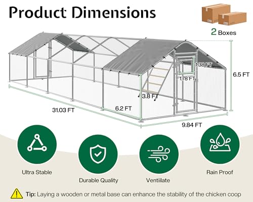 32x10 FT Extra Large Walk-in Chicken Coop with Spire Roof Cover | Front and rear doors, feeding door, roosting ladder and galvanized frame support easier daily poultry care - size: 372.4"L x 118.1"W x 77.6"H