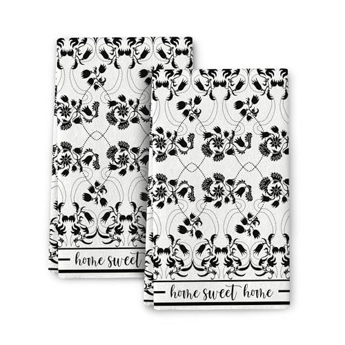 Black Kitchen Towels Decorative Set of 2 Boho Floral Dish Towels | Absorbent Tea Towel for Kitchen Drying Cleaning, Cute Hand Towel for Kitchen Bar Bathroom Decor,Housewarming Gifts for Women - color: Black