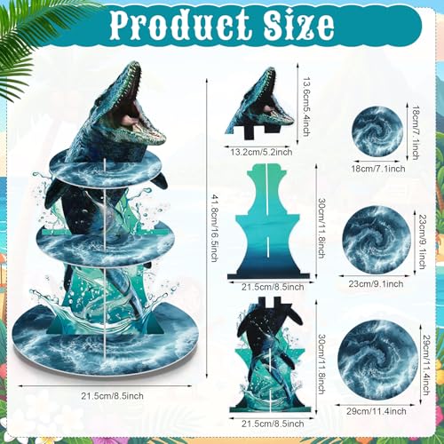 3 Tier Dinosaur Party Decorations Mosasaurus Dinosaur Cupcake Stand Decoration Mosasaurus Theme Cupcake Tower Cake Holder Table Display for Jungle Ocean Themed Birthday Party Supplies - style: Mosasaurus