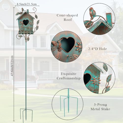 DREAMSOUL 48" Rustic Bird House Pole, Green Birdhouse for Patio | Metal Bird Houses for Outside Garden Yard Accent, Weatherproof Finish, Ornamental Aviary Style - style: Rustic