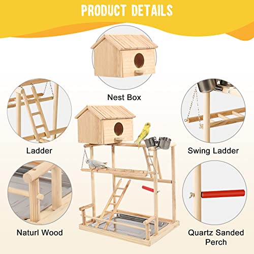 HiCaptain Large Bird Playground, 3 Layers Cockatiel Playground, Pet Parrot Playstand Gym Wooden Playpen Birds Play Stand with Nesting Box, Ladder, Feeder Cups