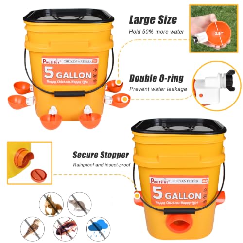 5 Gallon/44 Lbs Automatic Chicken Feeder & Waterer Set with Buckets, No Waste Feeder Port & Waterer Cup, Rain Proof Poultry Feeders, Keeps Out Small Animals, Ideal for Duck, Chick & Turkey