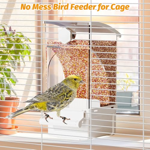 BNOSDM No Mess Bird Feeder Transparent Automatic Bird Cage Feeder with Perch Acrylic Parrot Food Container Parakeet Cage Accessories for Parakeets, Budgies, Cockatiel, Finch, Canary, Lovebird (White) - color: White