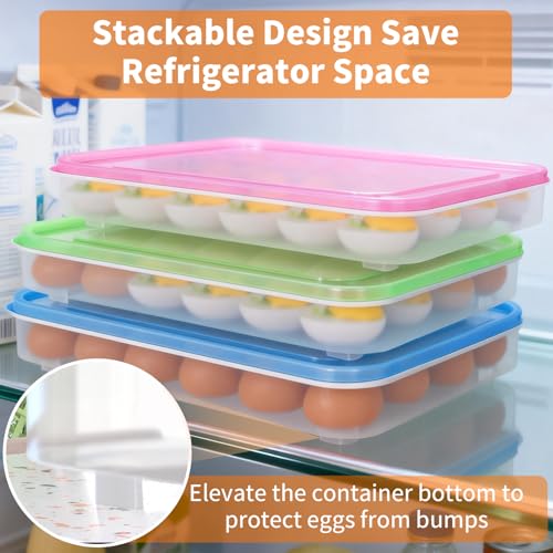 Deviled Egg Containers with Lid, Set of 3 Stackable Egg Carriers, Holds 72 Eggs for Refrigerator, Clear Trays for Parties & Holidays - color: pink,blue,green, size: 72 Eggs