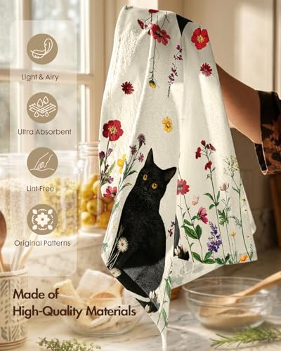 150GSM Flour Sack Kitchen Towels Set of 2, Retro Cats Floral | 18"x26", Lightweight, Lint-Free, Pure Cotton, Decorative, with Hanging Loop, Absorbent, Softer after Wash, Giftable Package - color: Cat in Flower