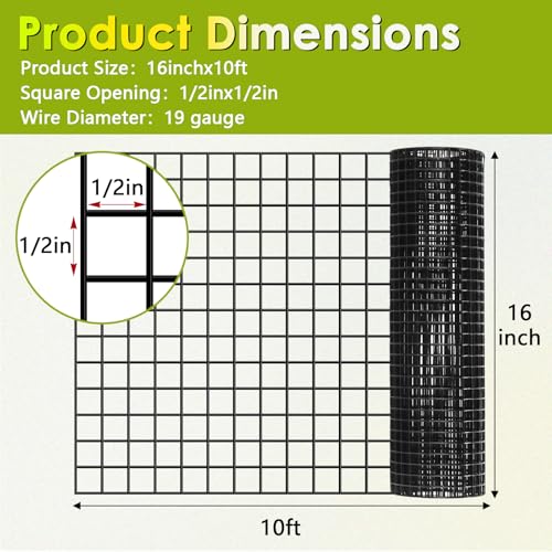 Gbekery Black Hardware Cloth 1/2inch,16in x 10ft 19 Gauge, PVC Coated Galvanized Steel Chicken Wire Fence Roll Garden Plant Welded Metal Wire Fencing Roll, Rabbit Cages Snake Fence,Black - color: Black, size: 1/2 inch 16in x 10ft