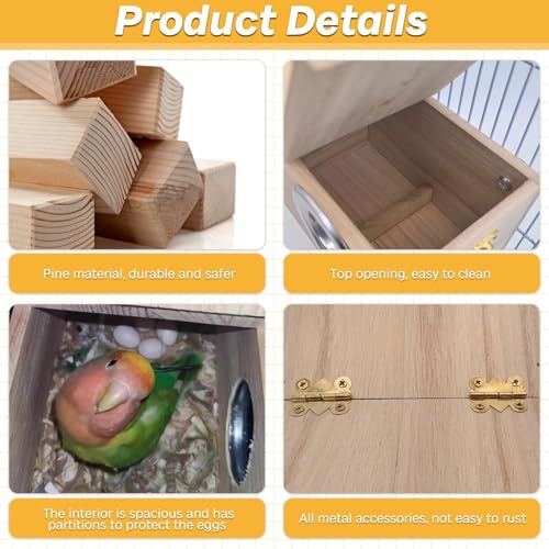 PINVNBY Parakeet Nesting Box Bird House for Cage Wood Mating Box Bird Breeding Box for Lovebirds, Cockatoo, Budgie, Finch, Canary Small and Medium Sized Birds (M:7.9 * 4.7 * 4.7 inch) - size: Wood,M: 7.9*4.7*4.7 inch