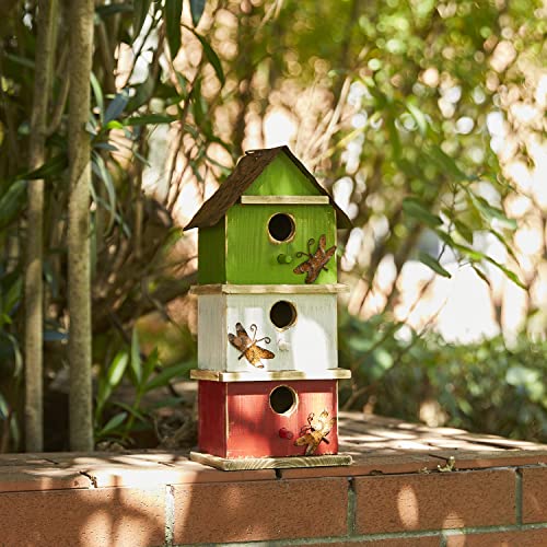 Glitzhome Bird Houses for Outside, 13.75" H Multicolored Three-Tiered Distressed Solid Wood Birdhouse Garden Hanging Bird House for Outdoors - color: 13.75"H Multicolored