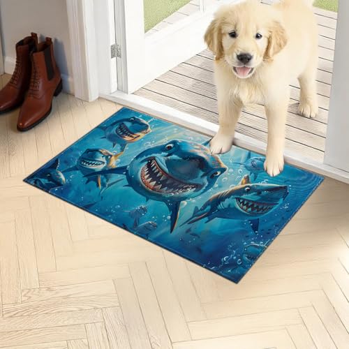 Funny Shark Doormat 17x29.5 Inch, Cartoon Ocean Blue Sea Indoor Door Mat, Underwater Non-Slip Welcome Rug Gifts for Living Room, Kitchen, Bedroom,Farmhouse Decor - color: Funny Shark